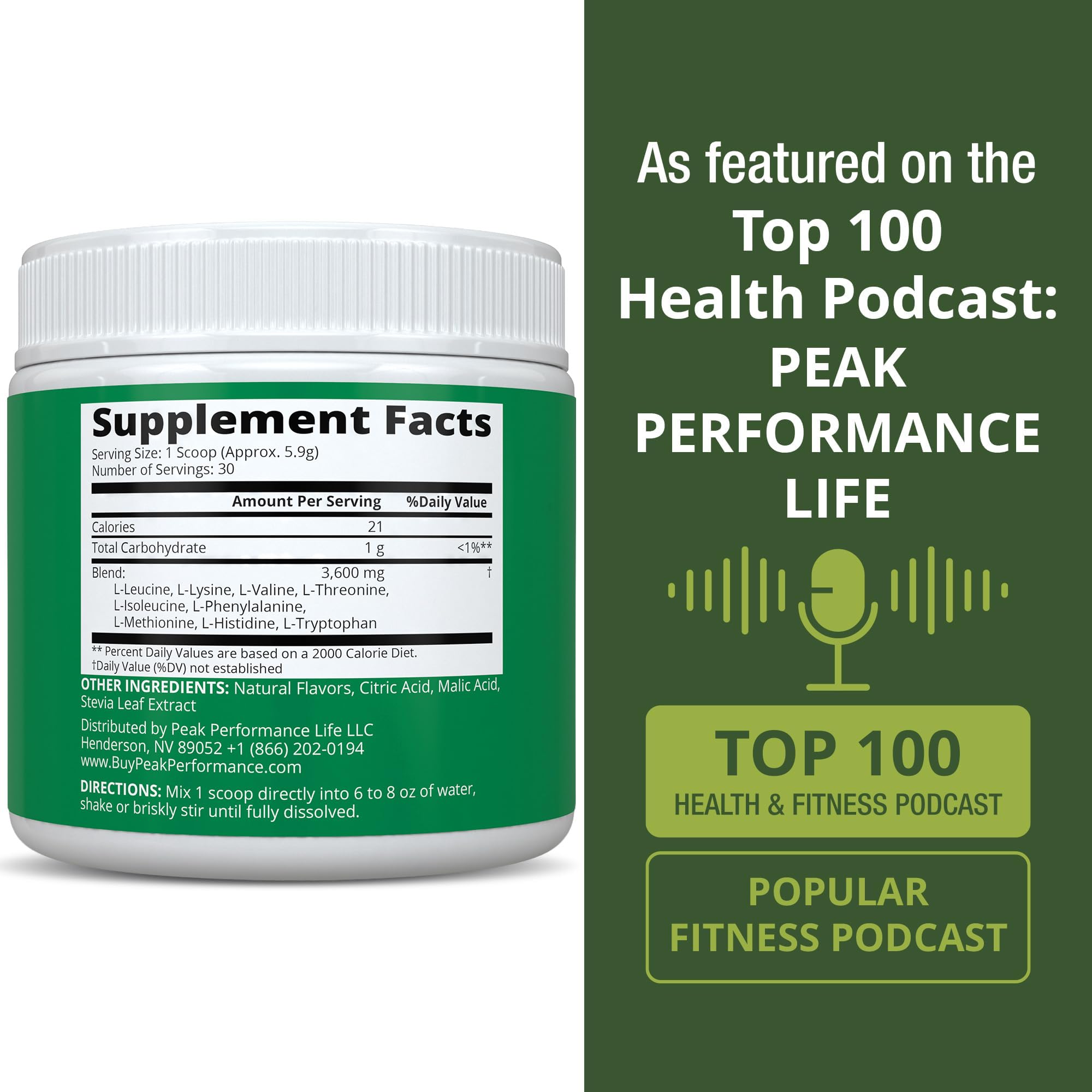Peak Performance All 9 EAAs ingredient glimpse confirms vegan and non-GMO quality.