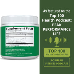 Peak Performance All 9 EAAs ingredient glimpse confirms vegan and non-GMO quality.