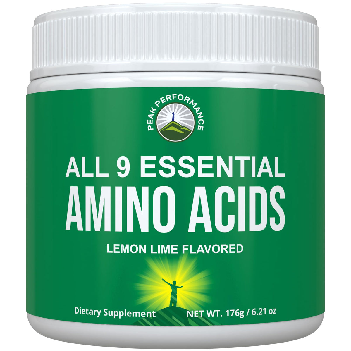 Peak Performance All 9 EAAs Lemon Lime tub front showcases a premium, fast-acting formula.