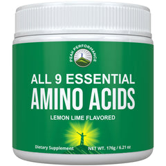Peak Performance All 9 EAAs Lemon Lime tub front showcases a premium, fast-acting formula.