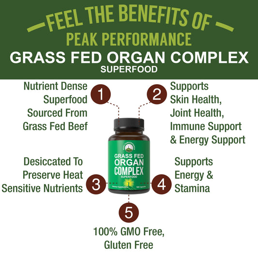 Peak Performance Beef Organ Complex heart capsules highlighting immune support.