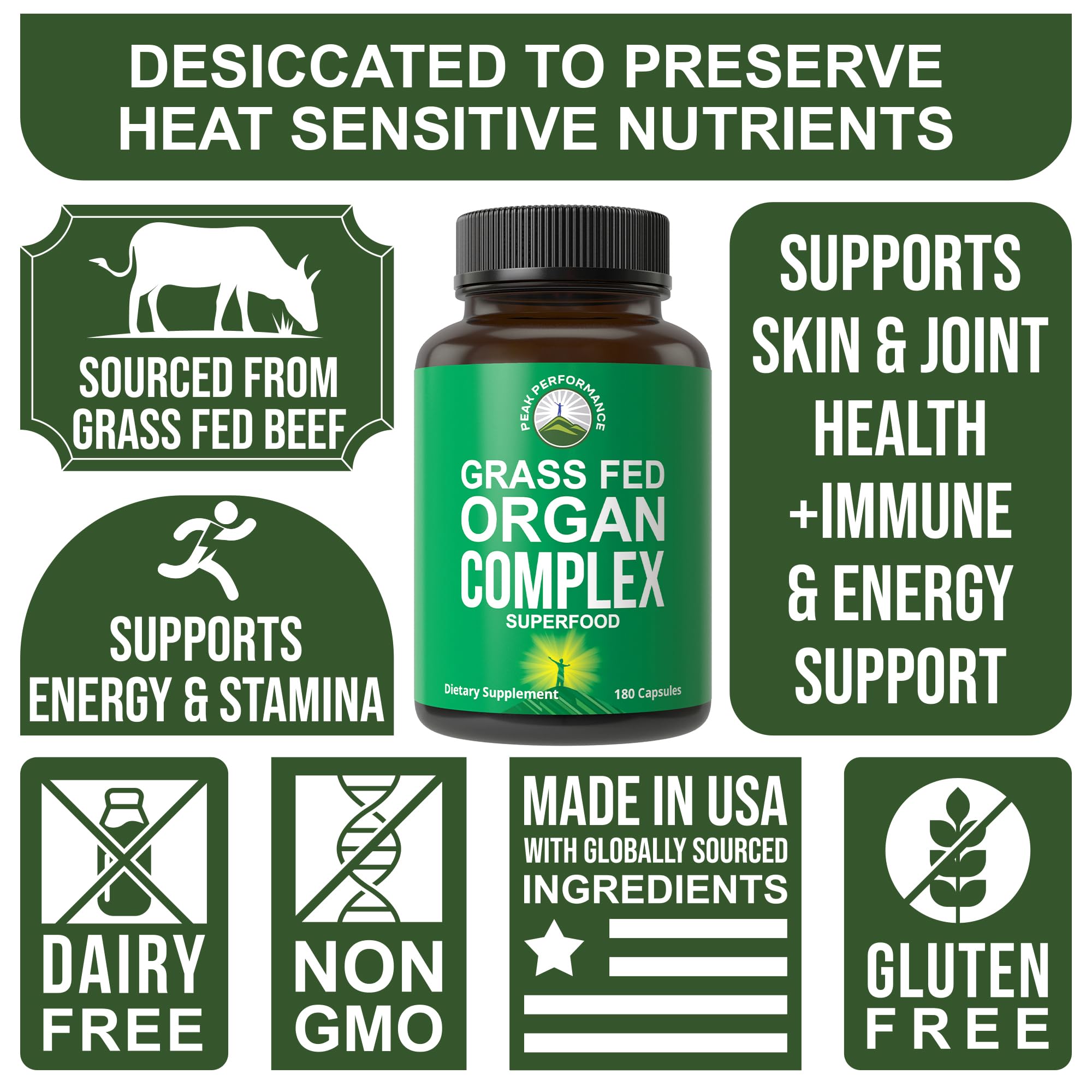 Peak Performance Beef Organ Complex kidney capsules for overall wellness.