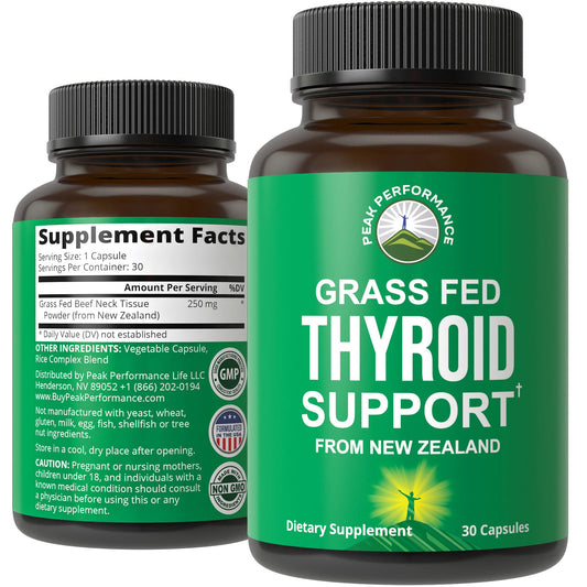 Peak Performance beef thyroid neck capsules show the main ingredient for natural thyroid support.