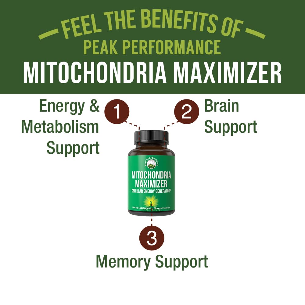 Peak Performance CoQ10 and PQQ blend capsules shown for mitochondrial support.