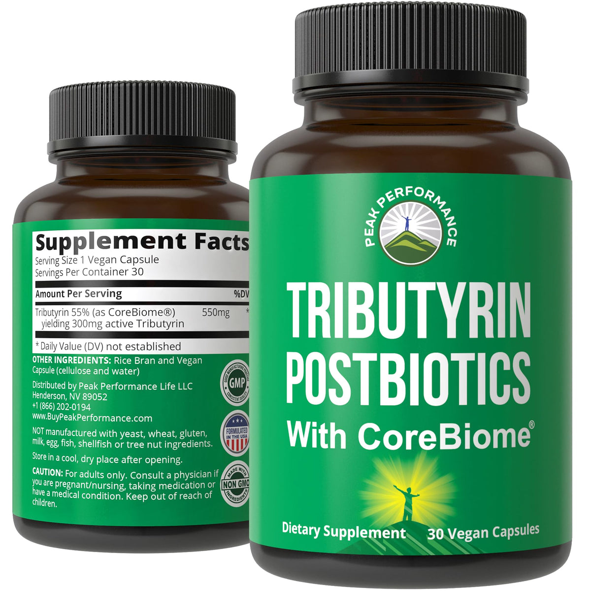 Peak Performance CoreBiome Tributyrin bottle with capsules for gut balance.