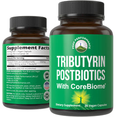Peak Performance CoreBiome Tributyrin bottle with capsules for gut balance.