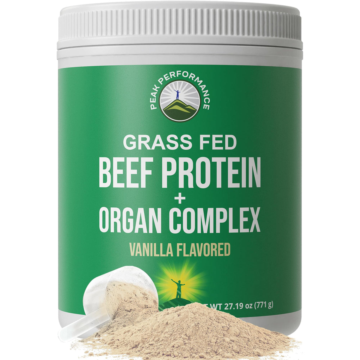Peak Performance grass-fed beef protein bottle pour shows lactose-free, high-protein shake.