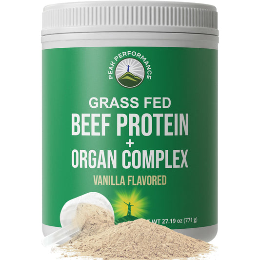 Peak Performance grass-fed beef protein bottle pour shows lactose-free, high-protein shake.