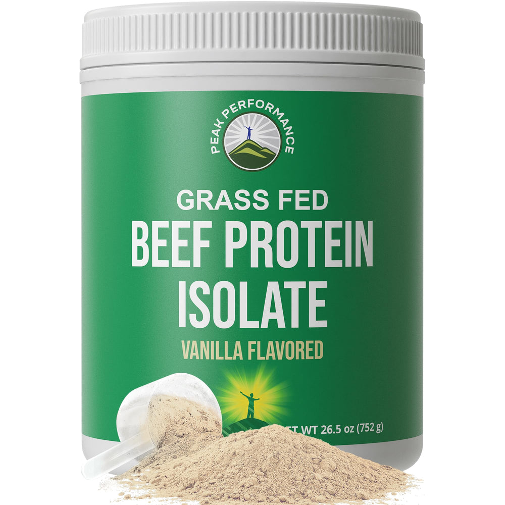 Peak Performance Grass-Fed Beef Protein Isolate bottle highlighting lactose-free option