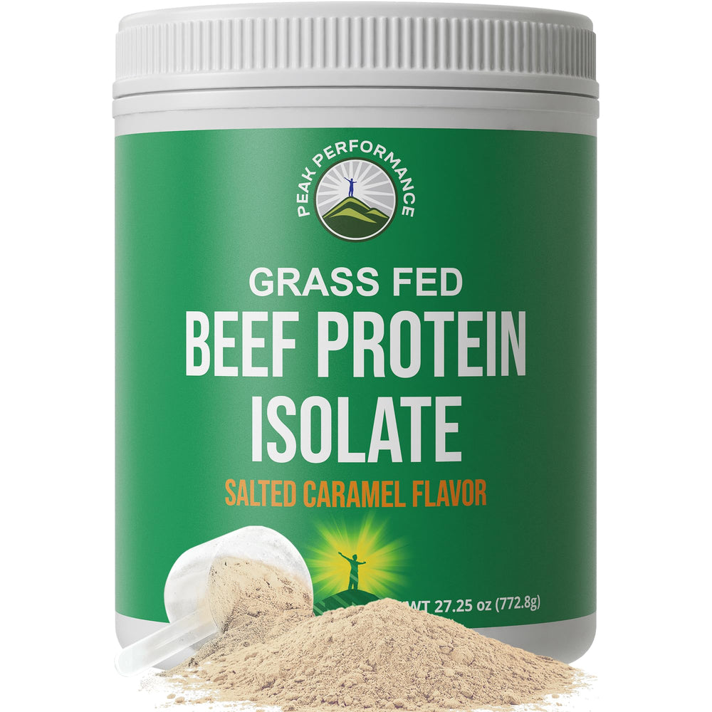 Peak Performance Grass-Fed Beef Protein Isolate tub, a dairy-free protein option for muscle support.