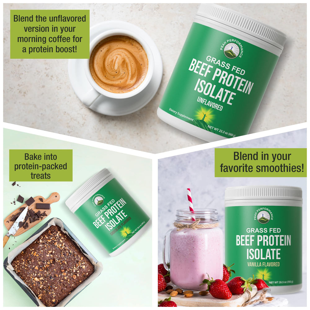 Peak Performance Grass-Fed Beef Protein packaging listing non-GMO and gluten-free