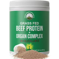 Peak Performance grass-fed beef protein powder in chocolate flavor for muscles