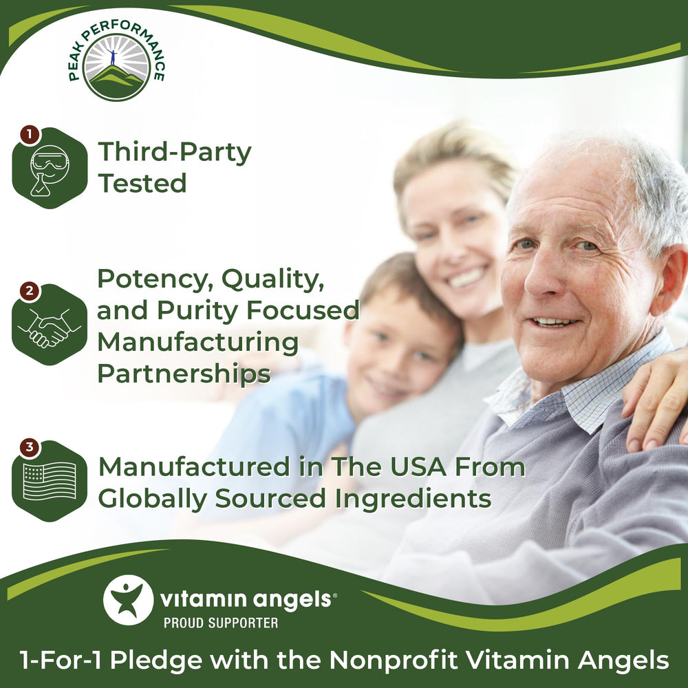 Peak Performance green juice capsules shown for morning routine convenience.