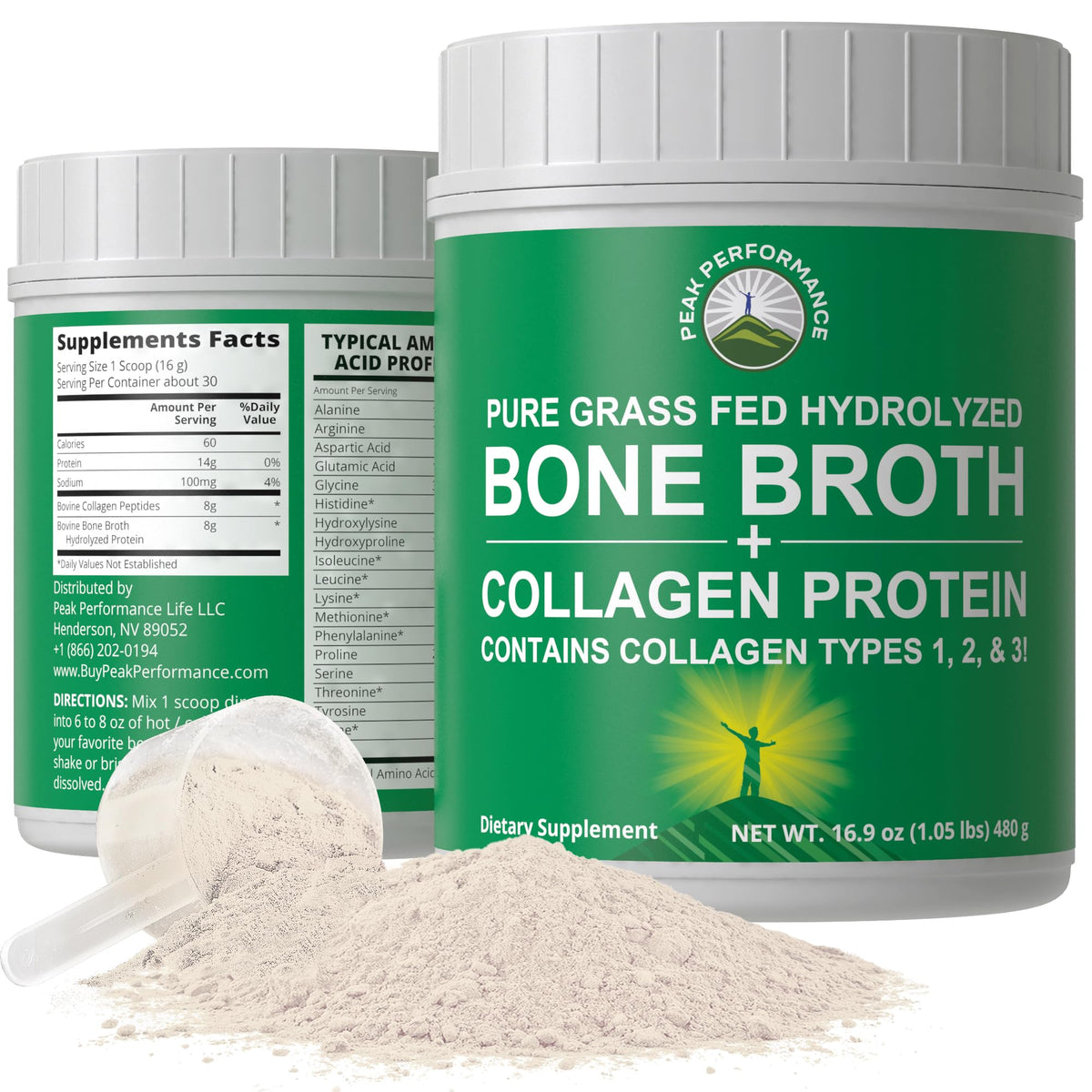 Peak Performance hydrolyzed bone broth collagen powder packaging shows all-collagen profile for hair, skin, and joints.
