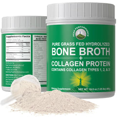 Peak Performance hydrolyzed bone broth collagen powder packaging shows all-collagen profile for hair, skin, and joints.
