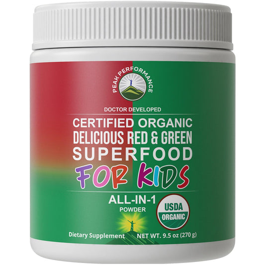 Peak Performance Kids Greens Reds bottle showing organic greens blend for kids' nutrition