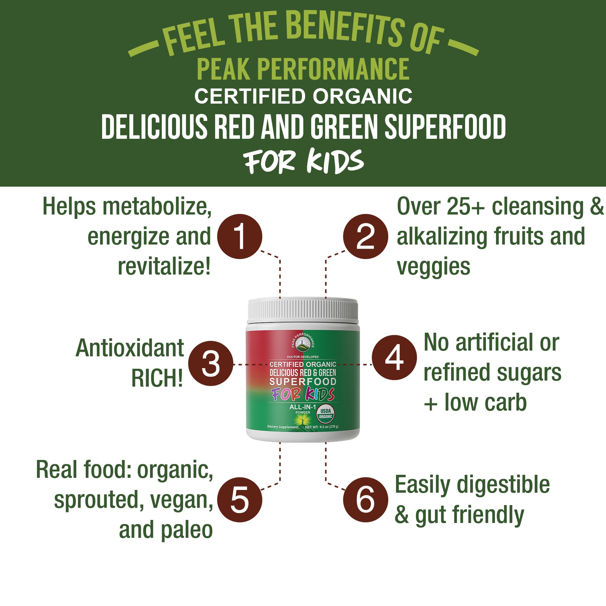 Peak Performance Kids Greens Reds pour into a glass demonstrating easy mixing