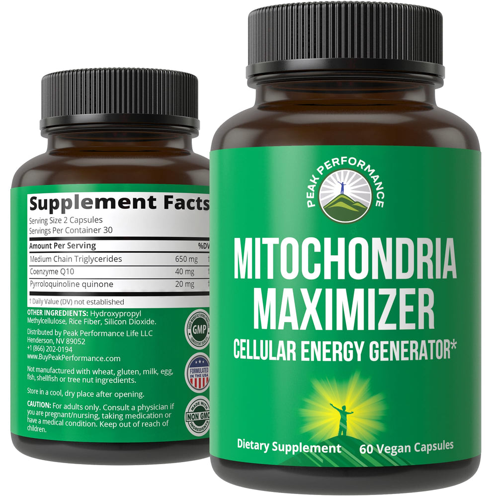 Peak Performance Mitochondria Maximizer bottle with capsules supporting cellular energy production.