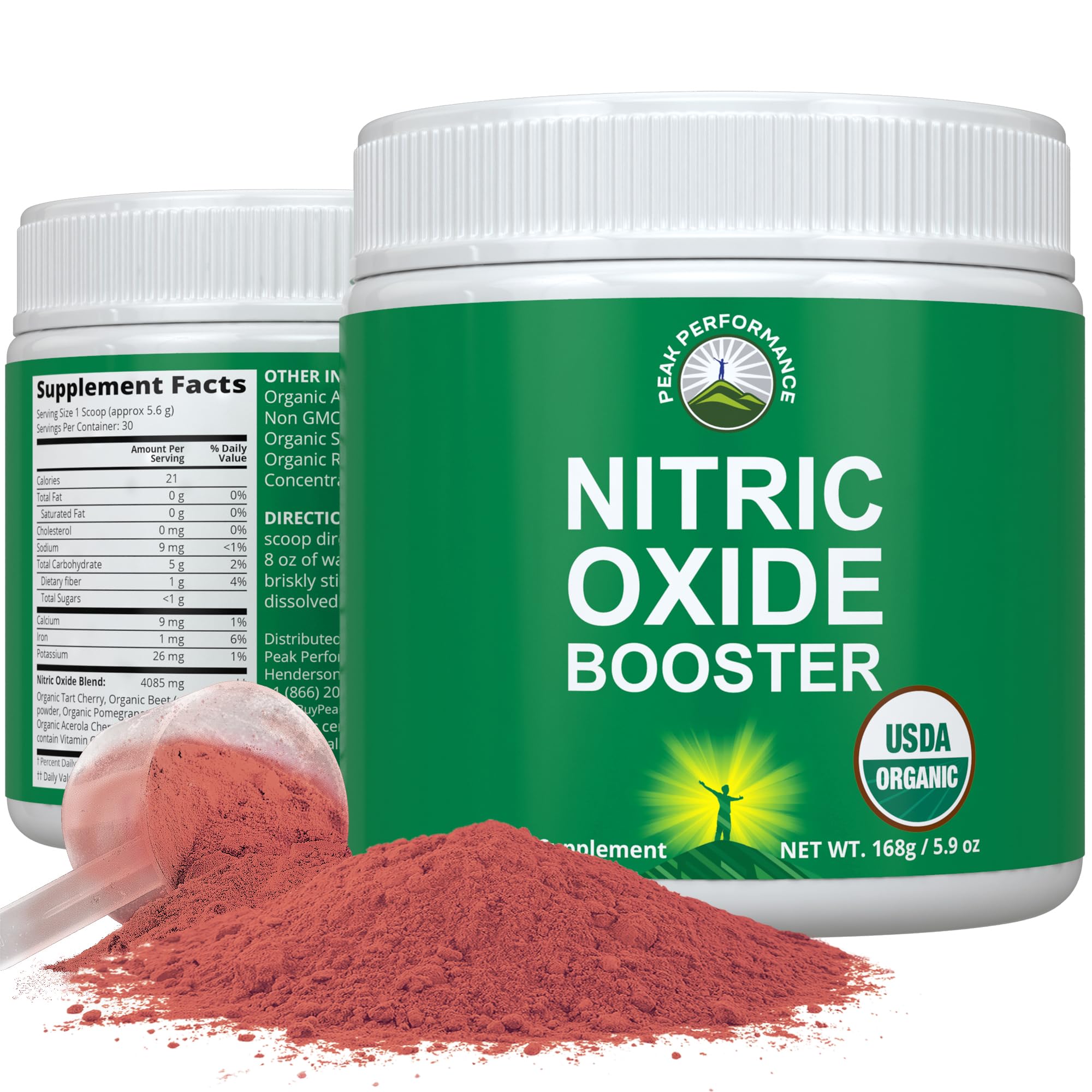 Peak Performance nitric oxide booster tub front with organic ingredients for natural energy support.