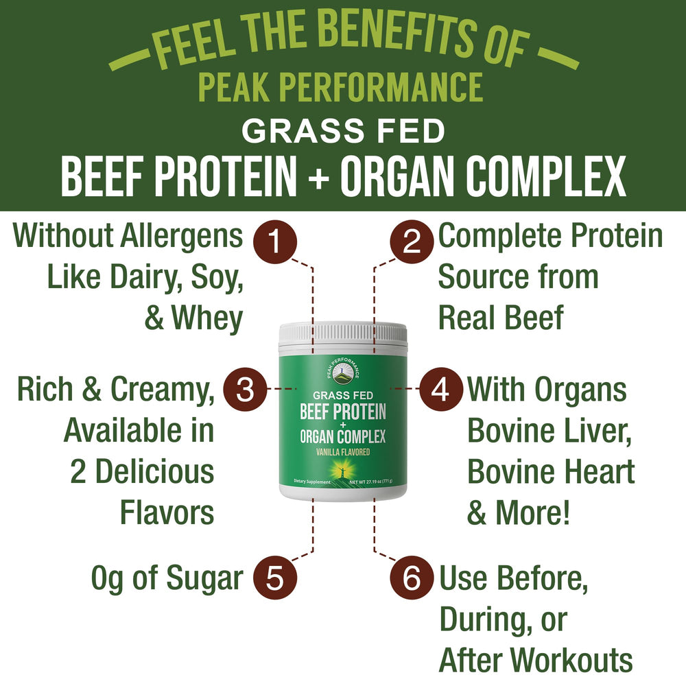 Peak Performance organ complex bottle highlights nutrient-dense ingredients for workouts.