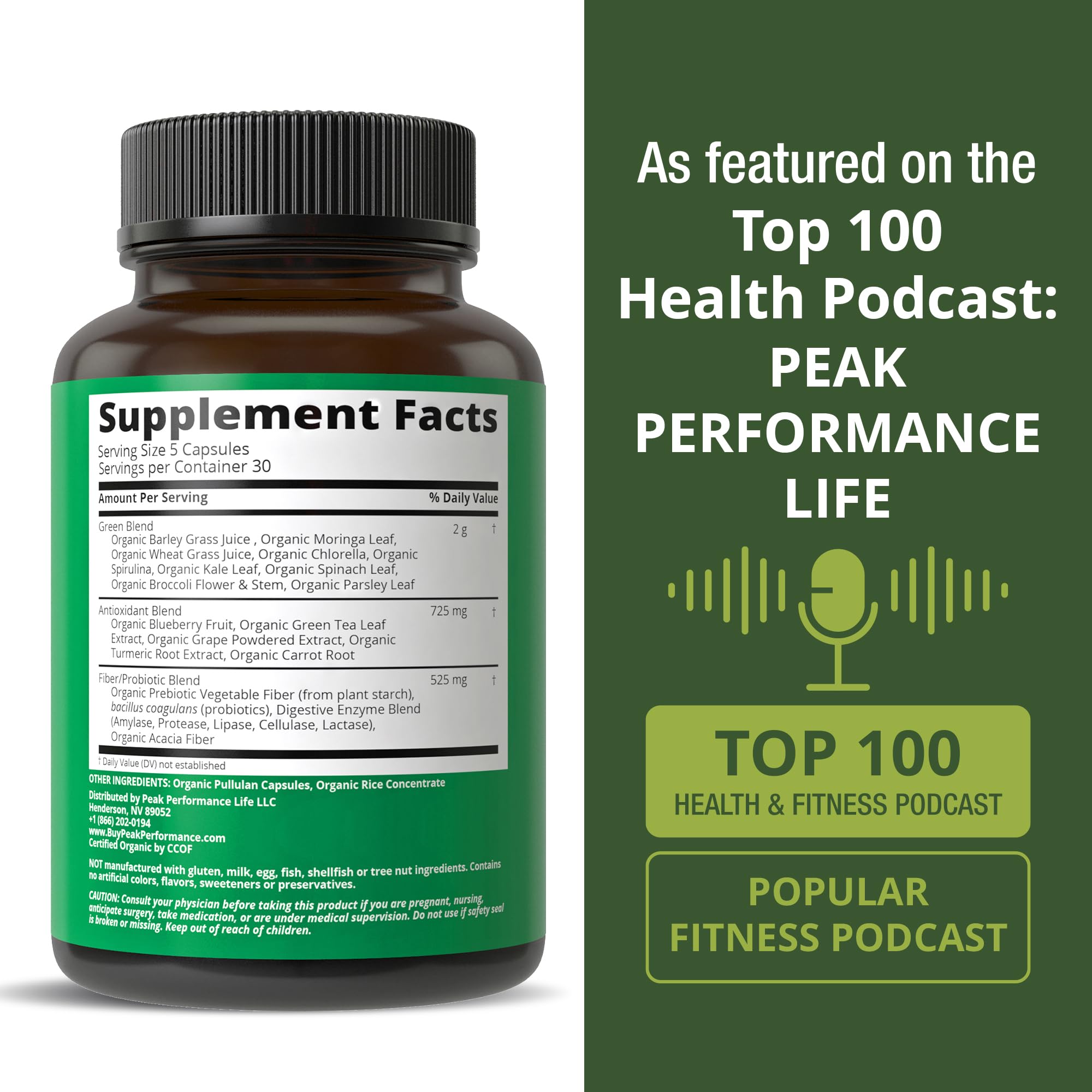 Probiotic-rich greens capsules from Peak Performance for digestive-friendly routine.