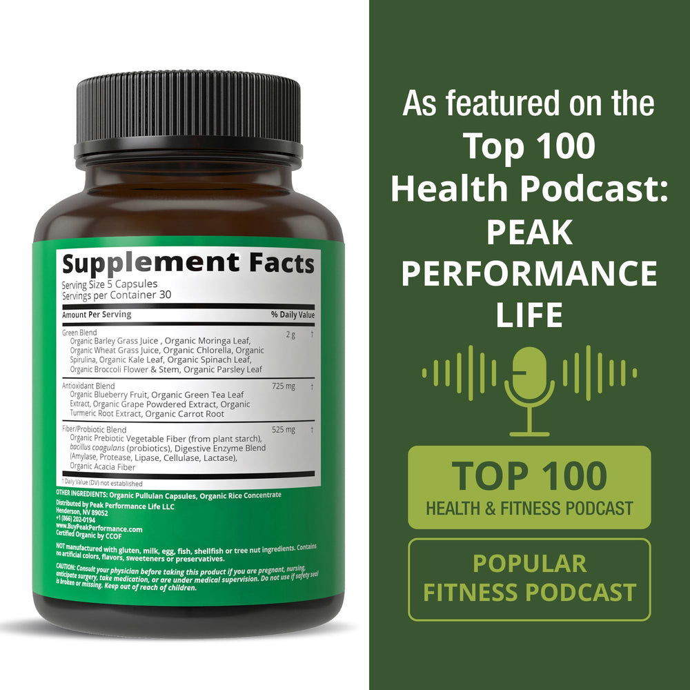 Probiotic-rich greens capsules from Peak Performance for digestive-friendly routine.