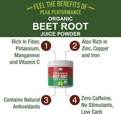 Peak Performance Organic Beet Root Powder bottle close-up highlighting purity and color