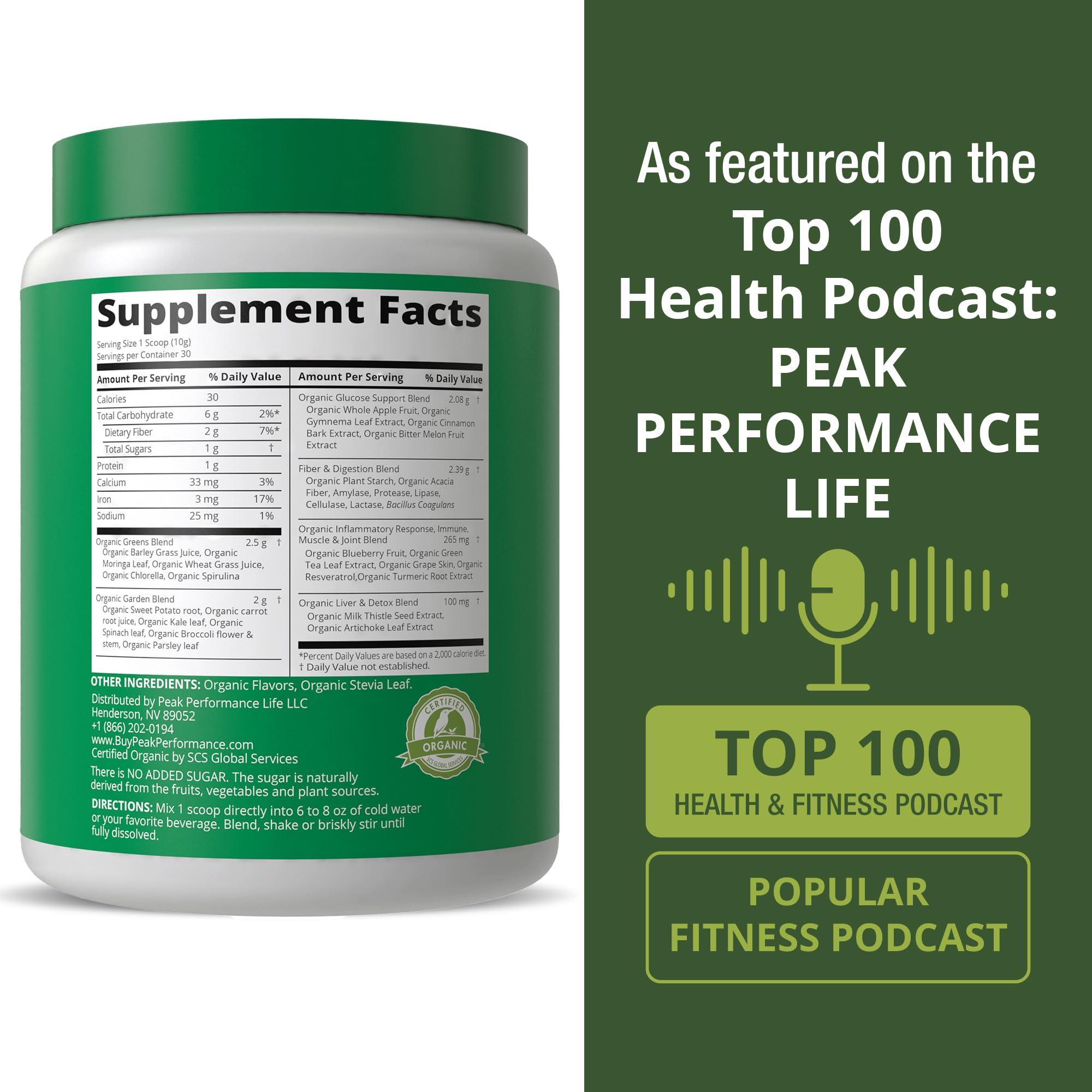 Peak Performance Organic Greens ingredients array emphasizing natural, farm-fresh nutrition.