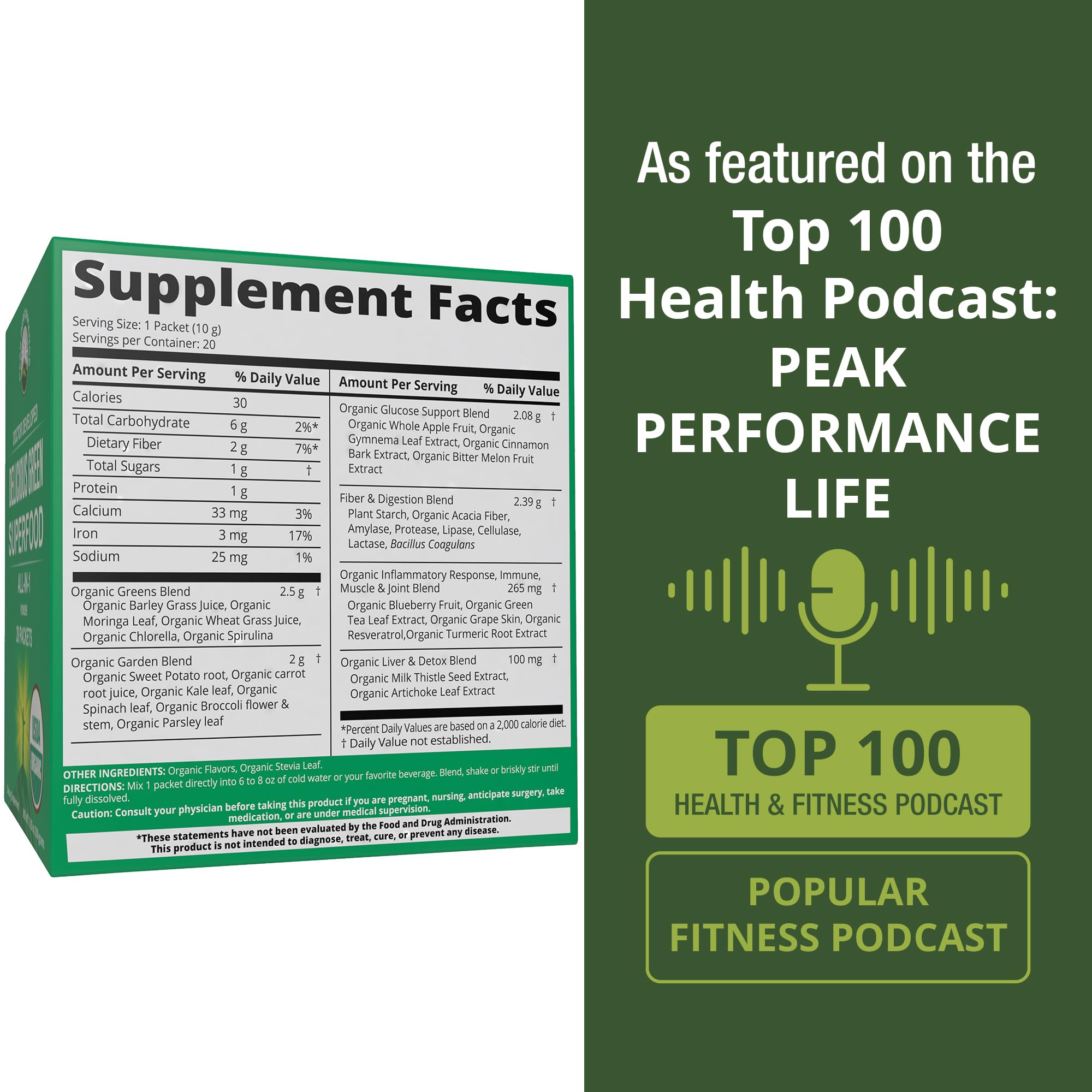 Pouring Peak Performance greens into smoothie for natural energy and clean taste