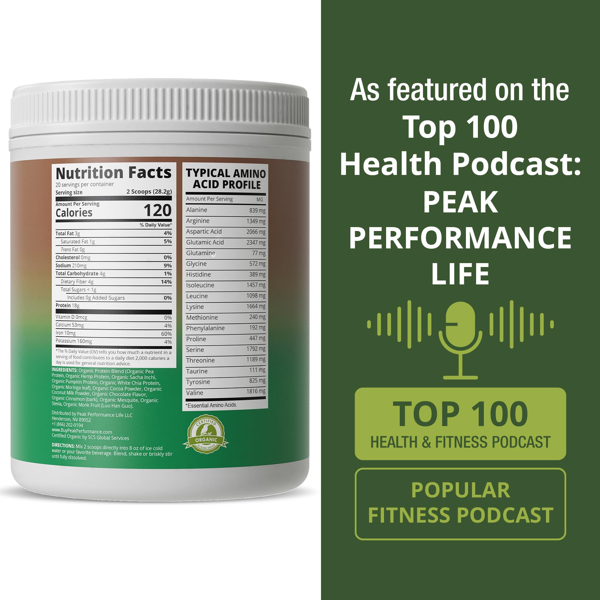 Peak Performance Organic Plant Protein chocolate nutrition panel close-up, non-GMO and sugar info.