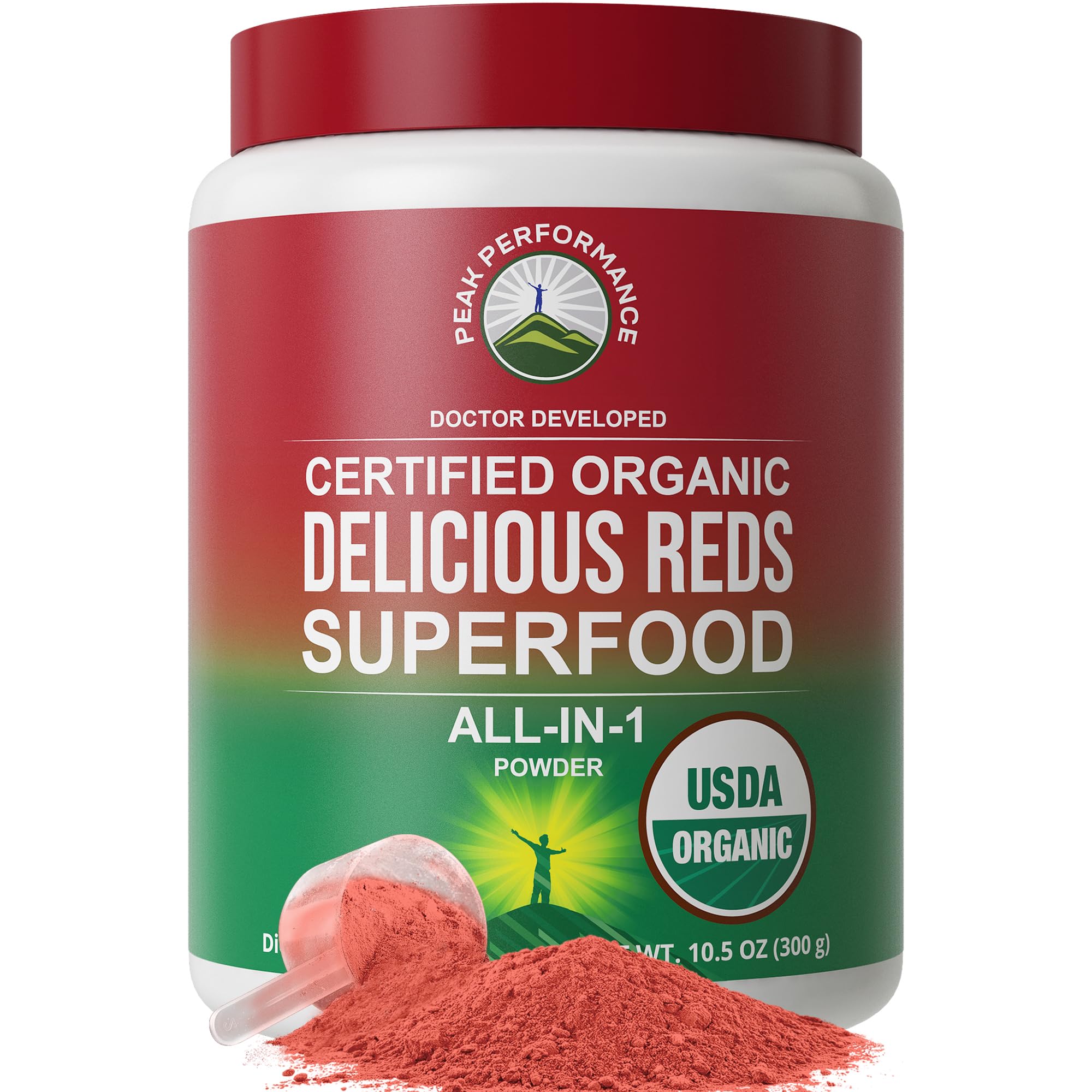 Peak Performance Organic Reds bottle pouring a vibrant juice for an energy lift