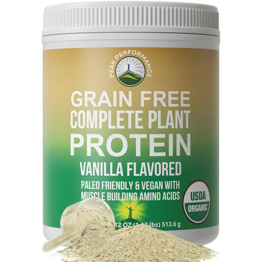 Peak Performance vanilla plant protein powder ready to mix for a nutritious shake.