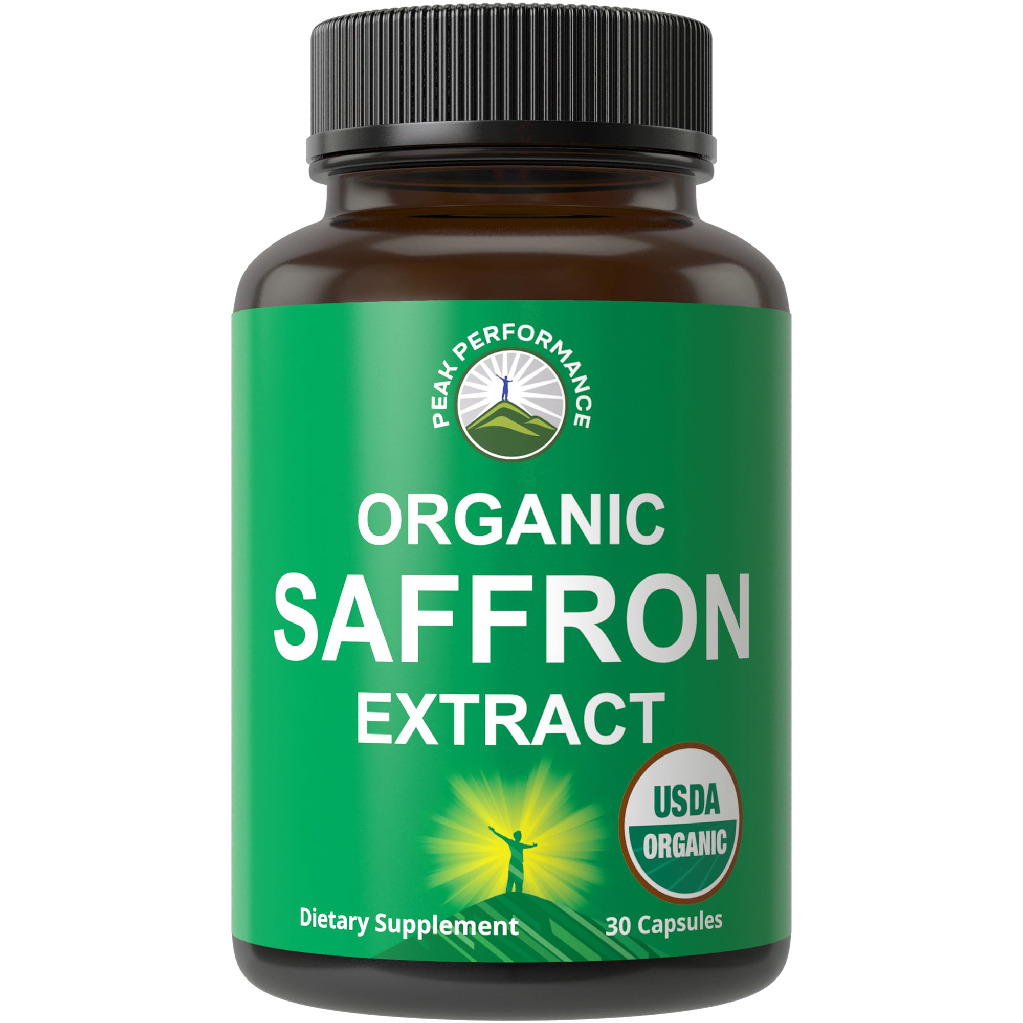 Peak Performance saffron capsules bottle promoting mood support.