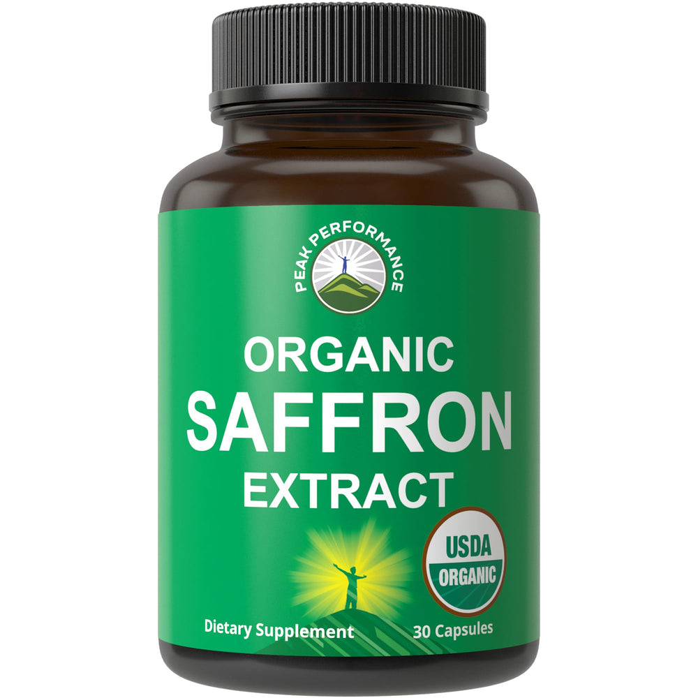 Peak Performance saffron capsules bottle promoting mood support.