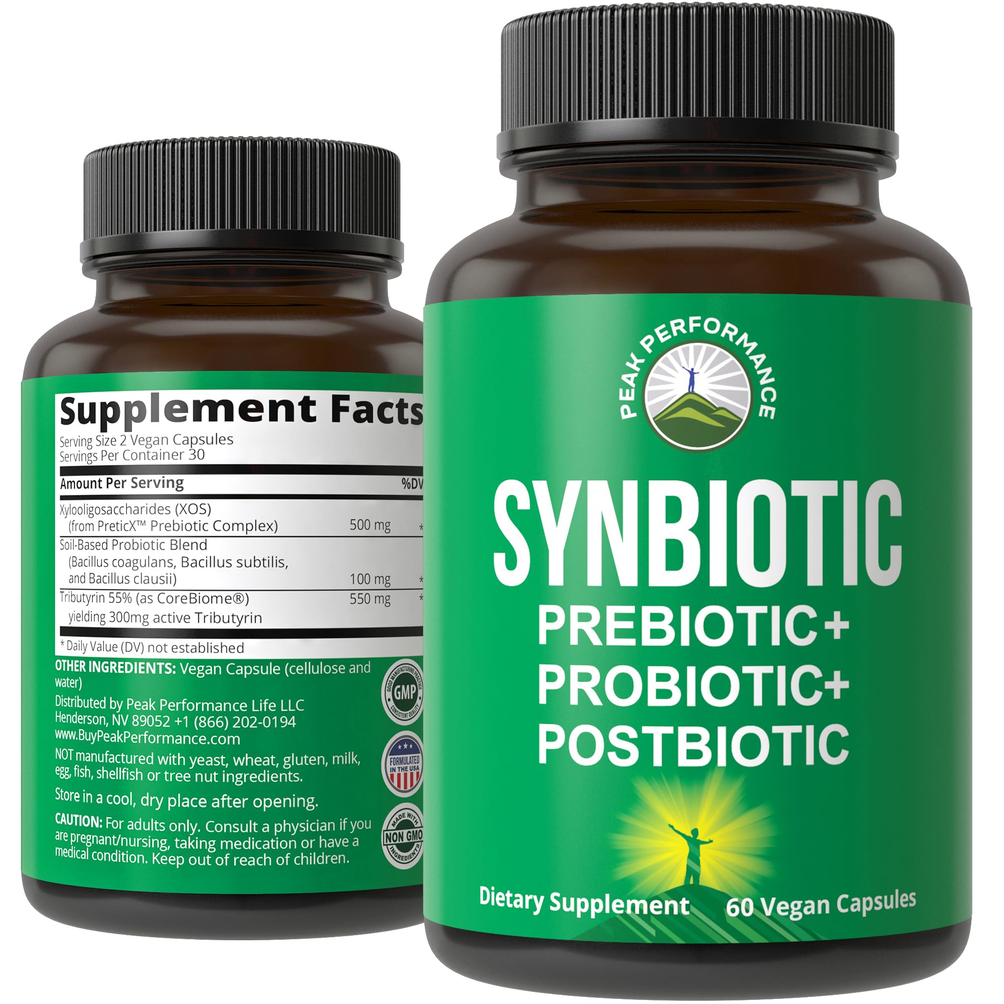 Peak Performance Synbiotic bottle front for on-the-go gut support.