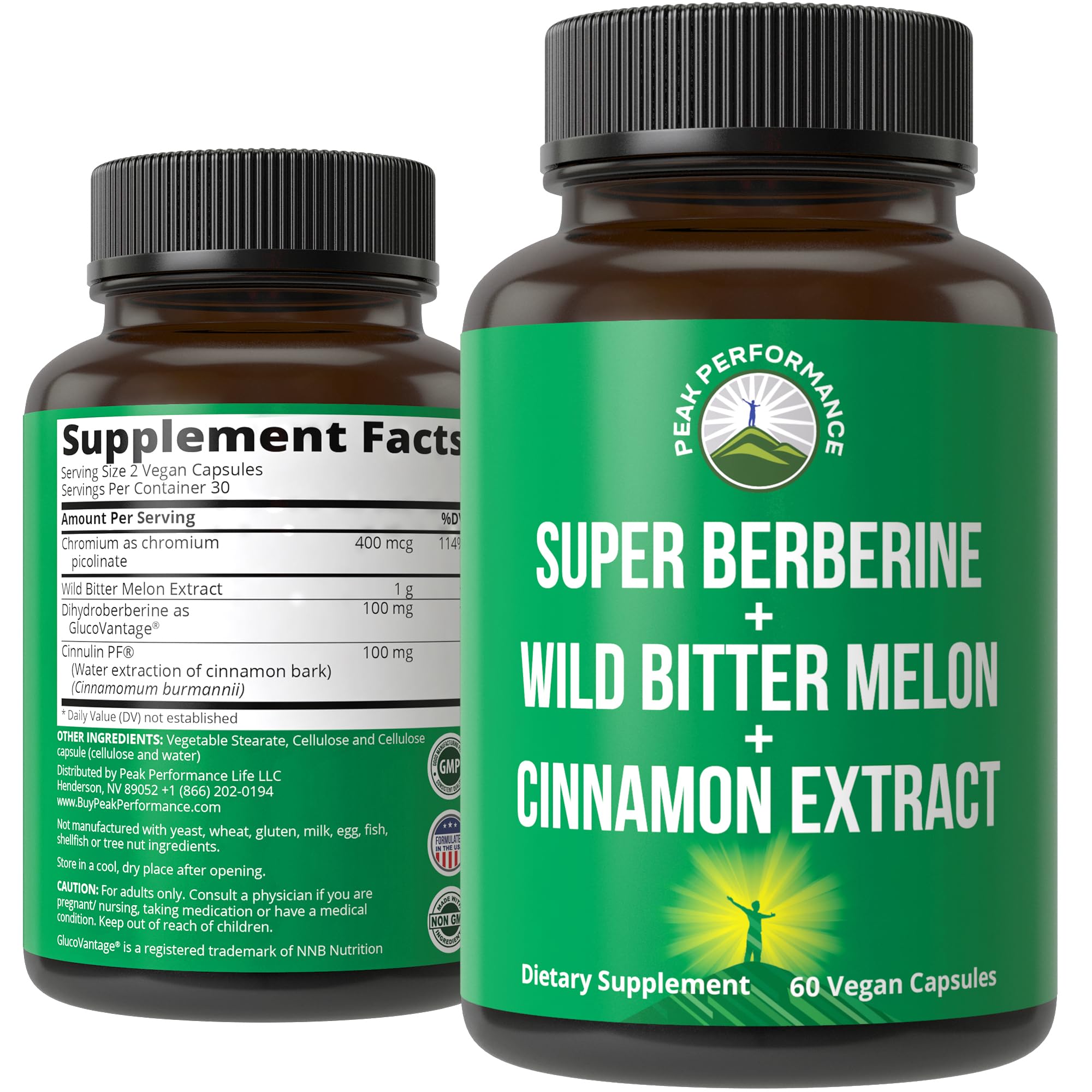 Peak Performance bottle closeup with 4-in-1 Berberine DHB formula for bioavailability