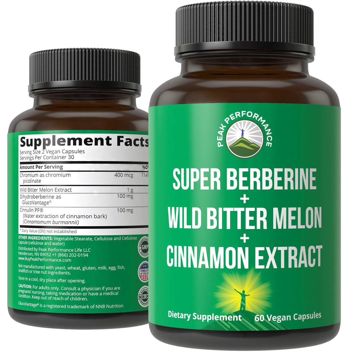 Peak Performance bottle closeup with 4-in-1 Berberine DHB formula for bioavailability