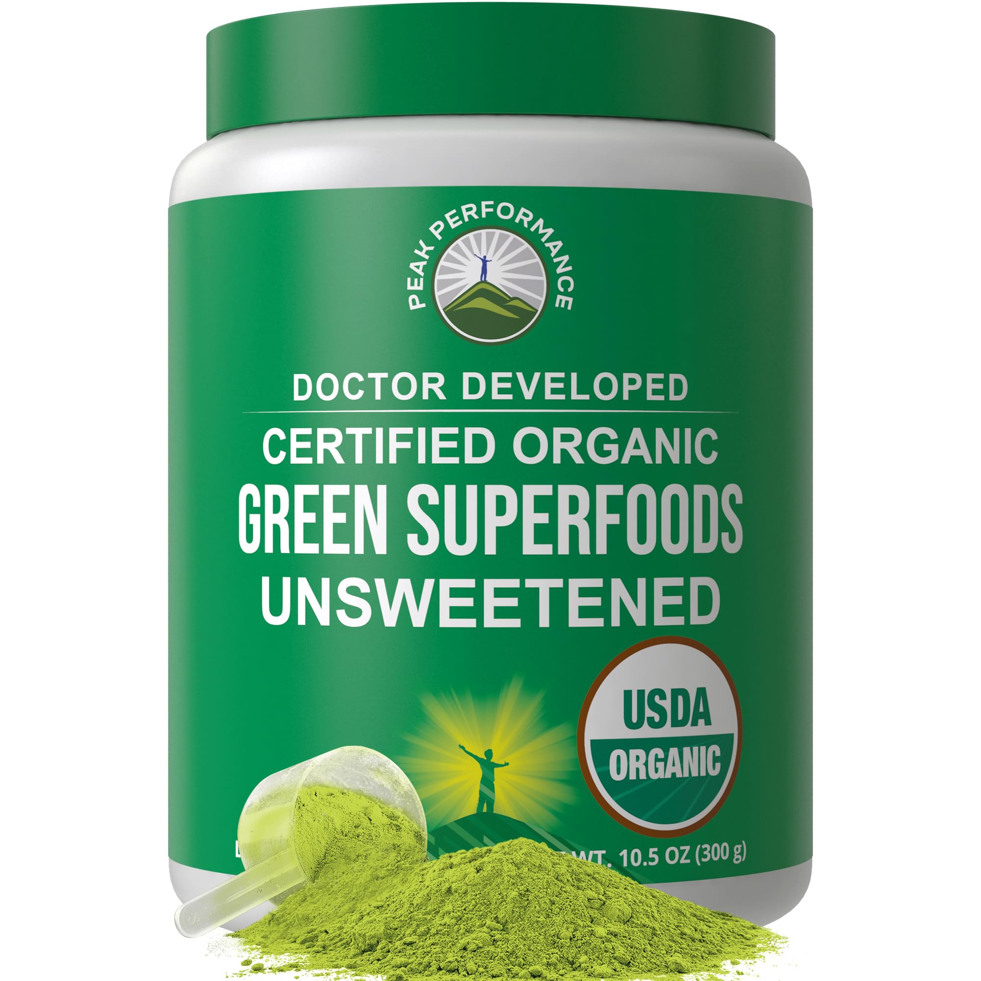 Peak Performance unsweetened greens powder container showing premium green powder