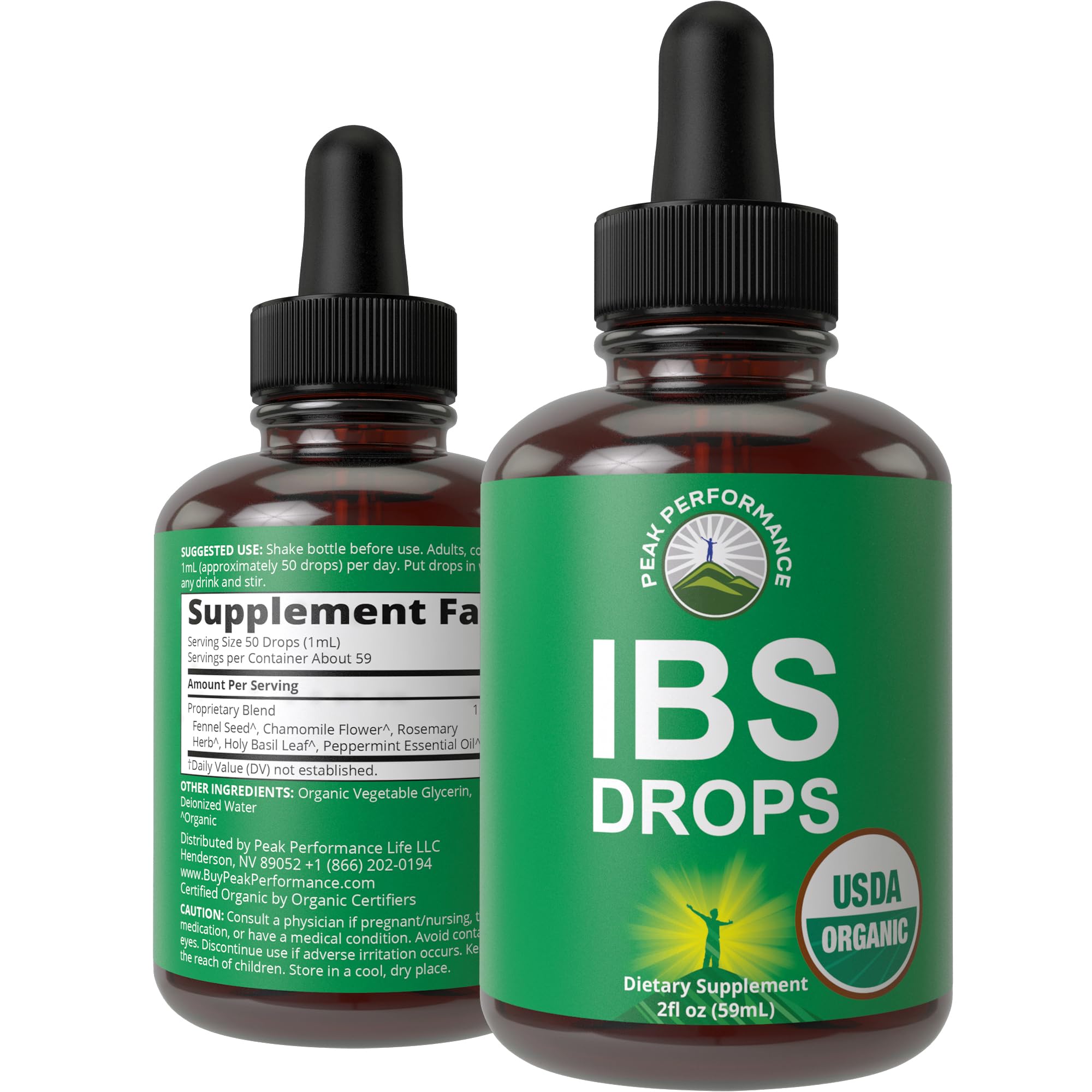 Peak Performance IBS Drops bottle for convenient daily digestive support.