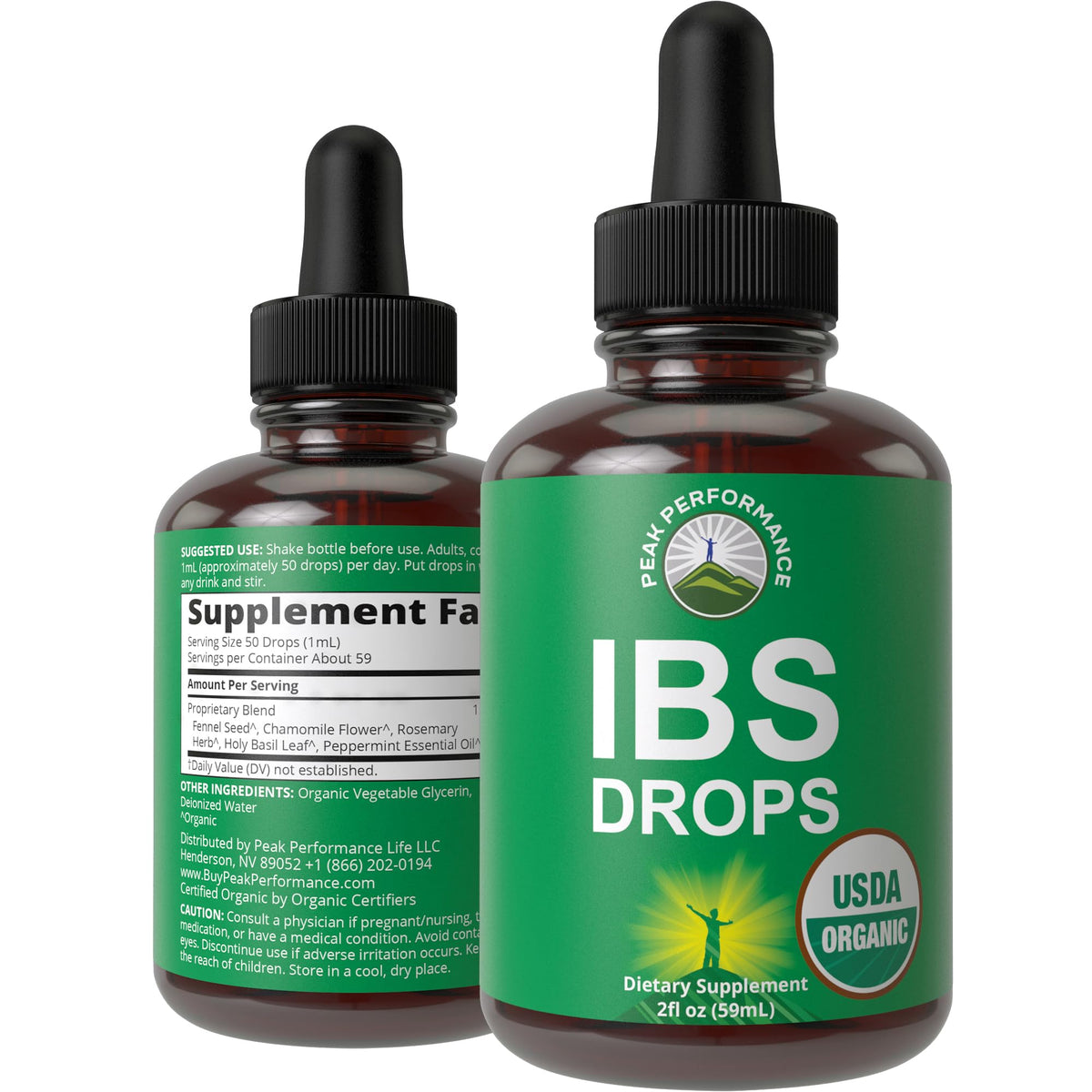 Peak Performance IBS Drops bottle for convenient daily digestive support.
