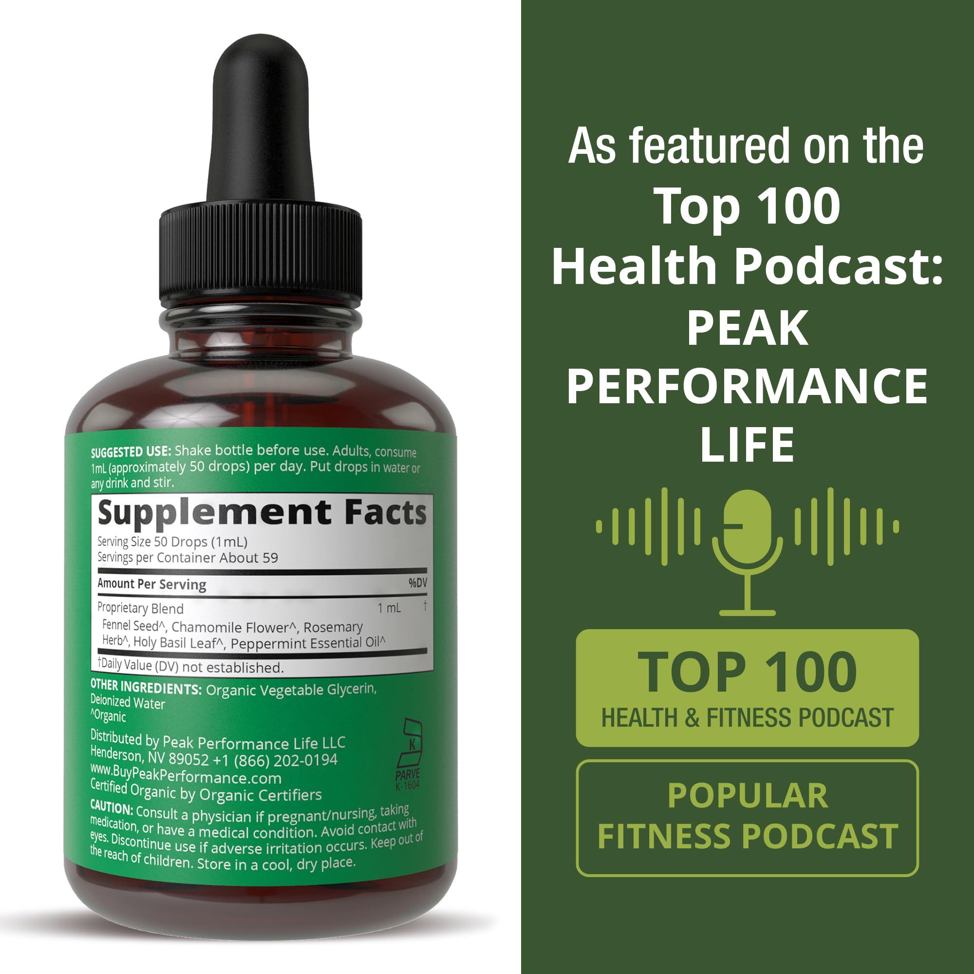 Peak Performance IBS Drops dispenser highlights no bitter taste.