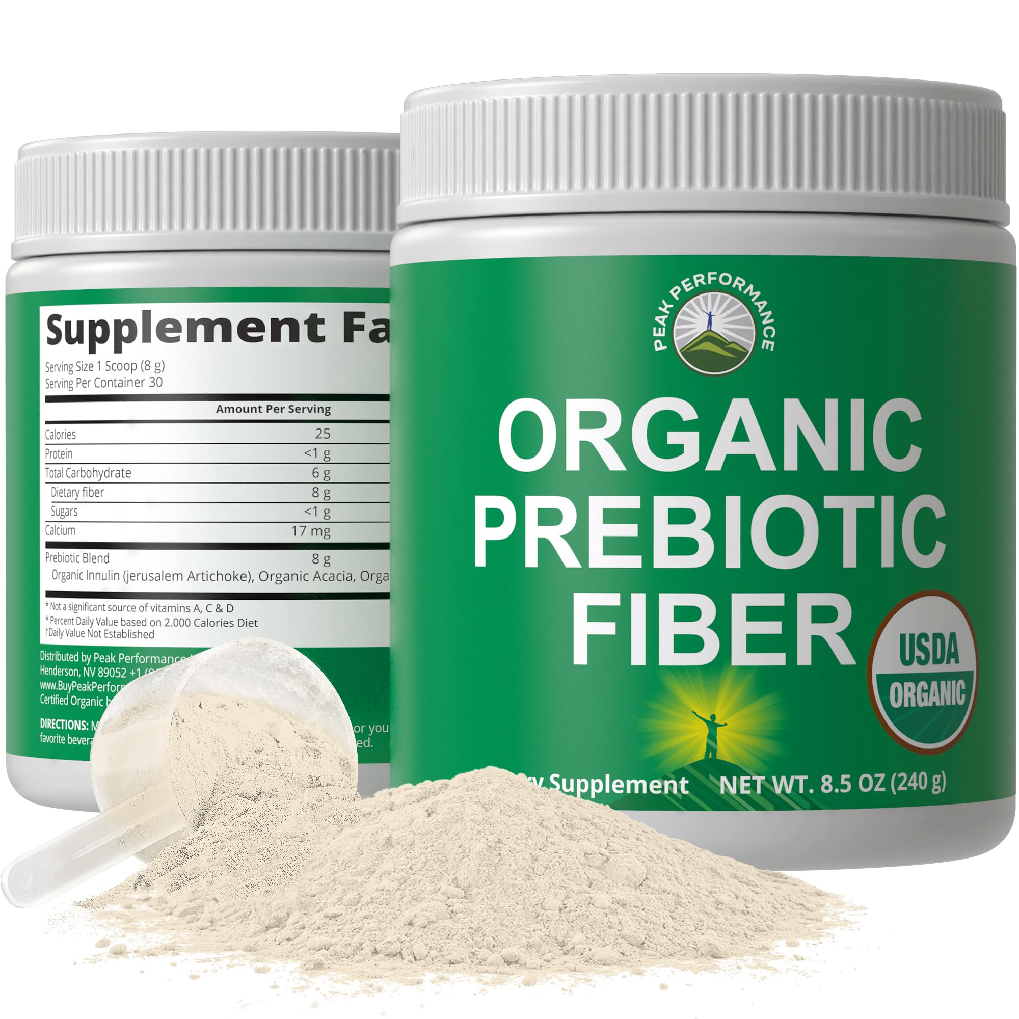 Peak Performance bottle front shows organic prebiotic fiber for gut health on the go.