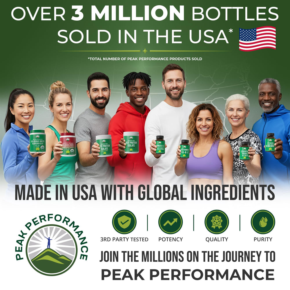 Close view of the vegan label on Peak Performance bottle emphasizing quality.