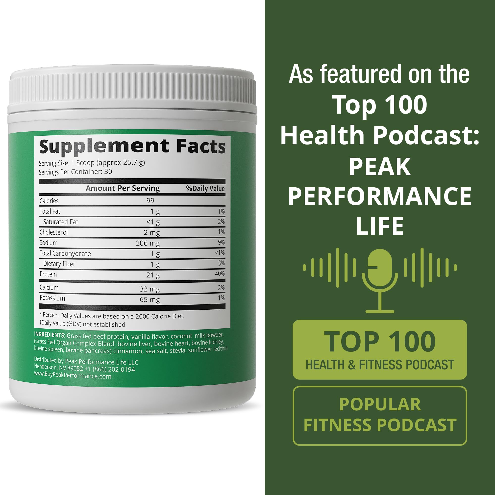 Peak Performance zero-sugar claim icon emphasizes sugar-free protein option.