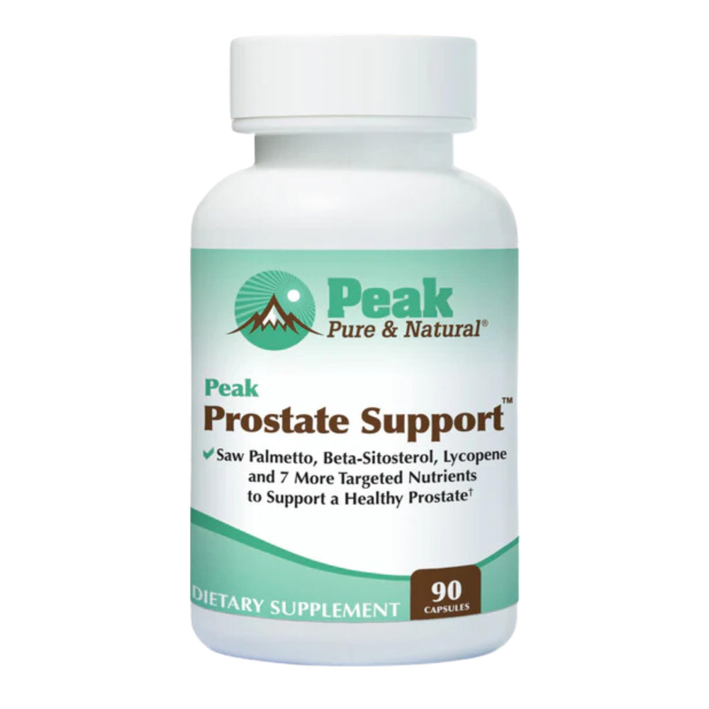 Peak Prostate Support bottle label highlights natural ingredients for daily urinary health support.
