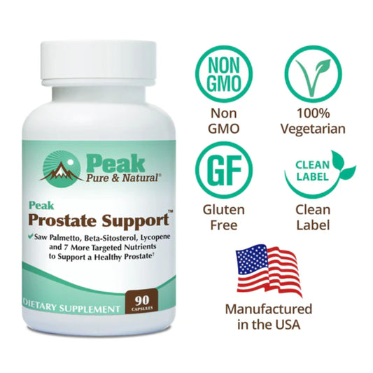 Peak Prostate Support capsules close-up emphasizes Saw Palmetto and lycopene benefits.