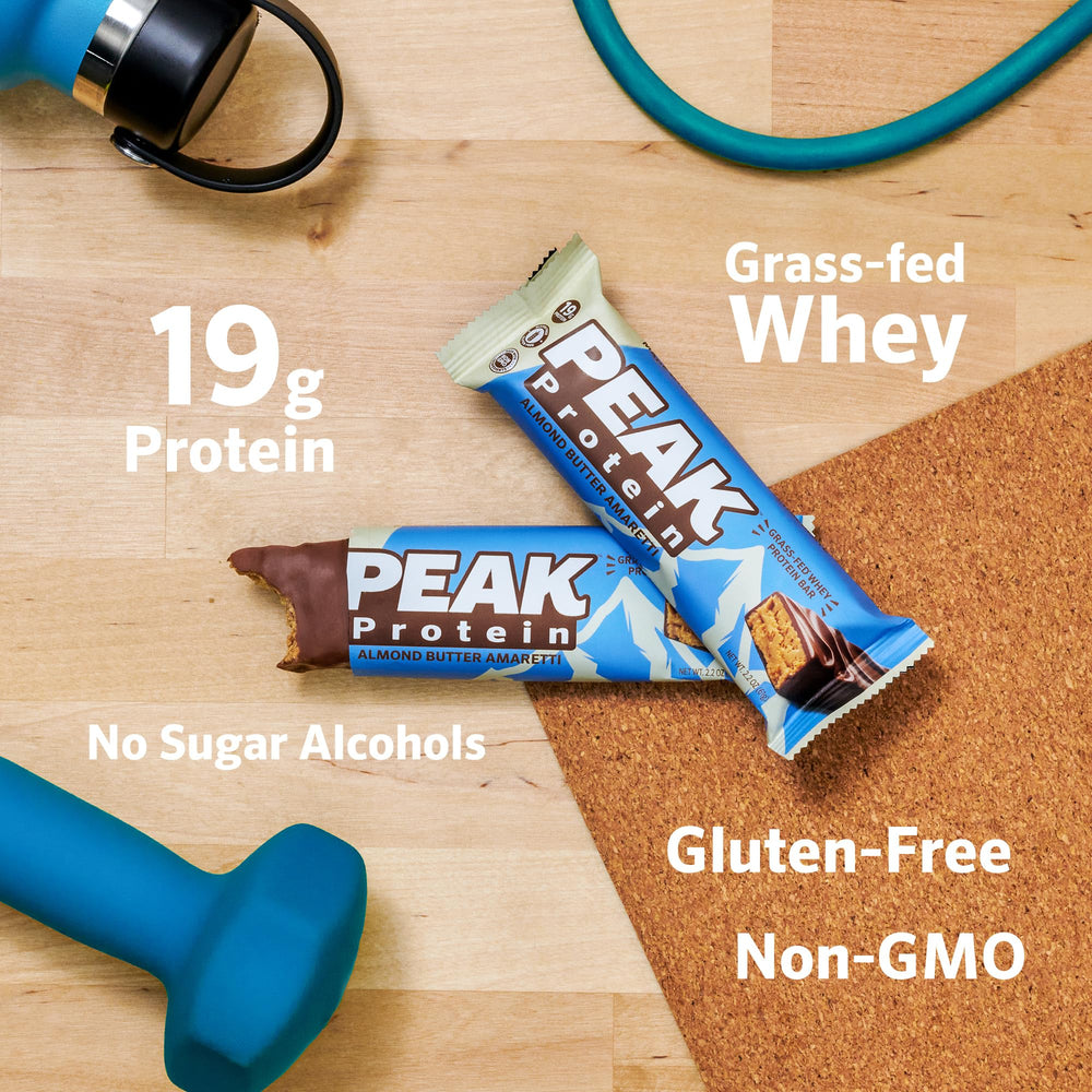 Peak Protein Bars almond butter amaretti ingredients photo emphasizes natural, grass-fed whey.