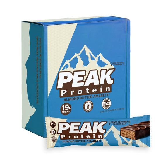 Peak Protein Bars almond butter amaretti pack shot highlights gluten-free, non-GMO snack option.