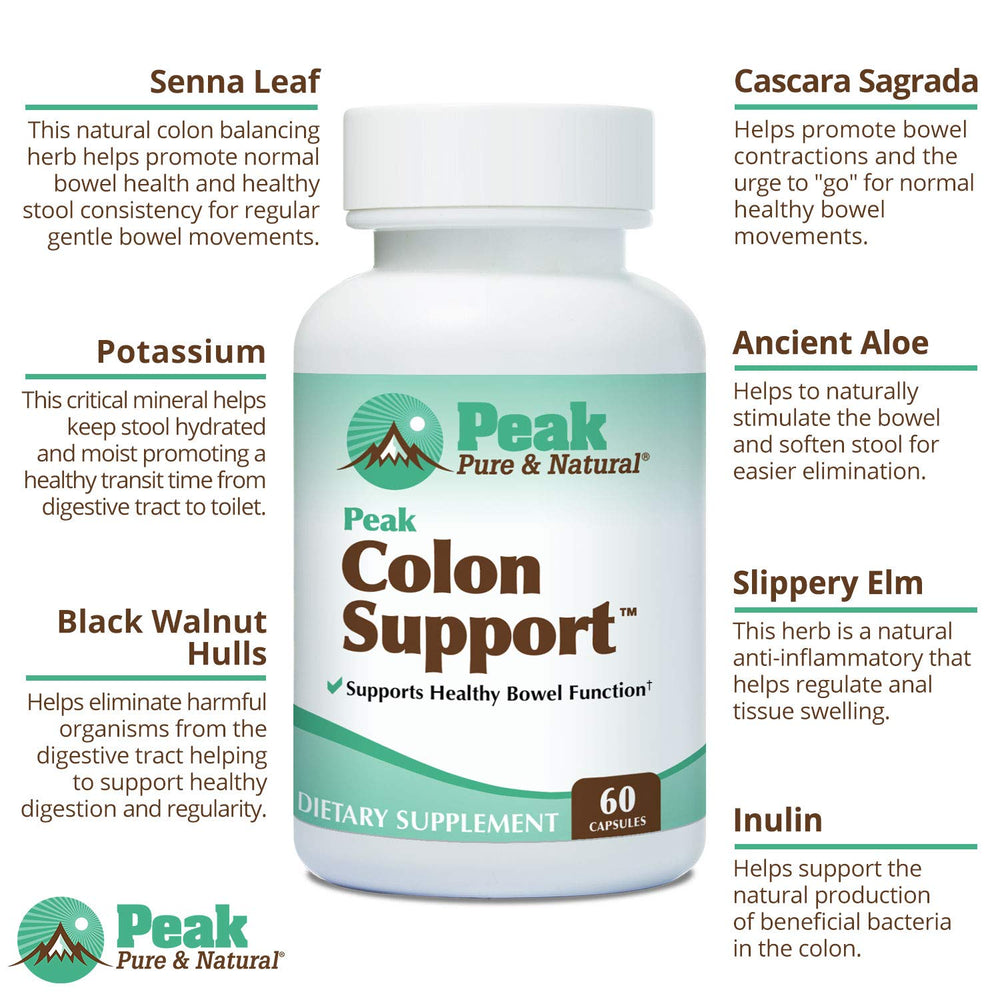 Digestive routine scene with Peak Pure & Natural Colon Support on display.