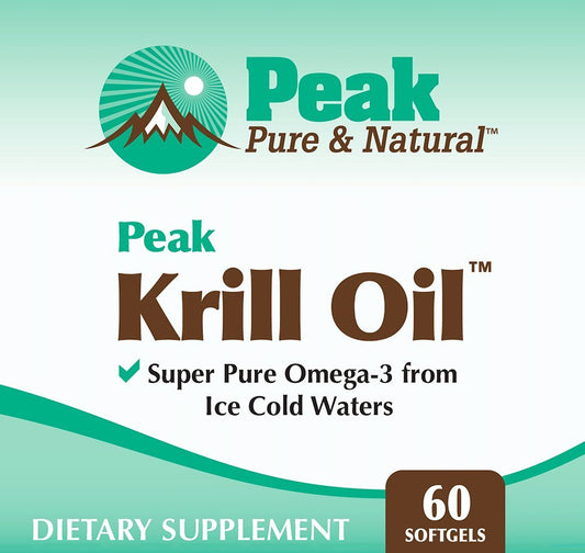 Close-up of Peak Krill Oil capsules highlighting easy-to-swallow softgels.